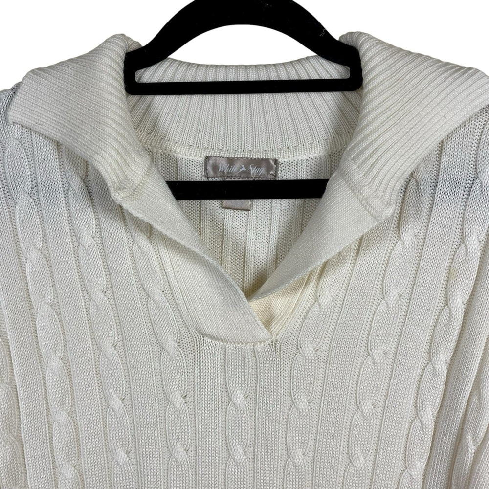 White Stag Cream Cable Knit Sweater L Collared V-Neck Lightweight Classic